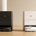 Roborock Black And White Vacuum Cleaner Docking Stations On Wooden Floor