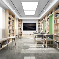 Modern Book Art Library Interior With Wooden Bookshelves Reading Tables and Green Accents