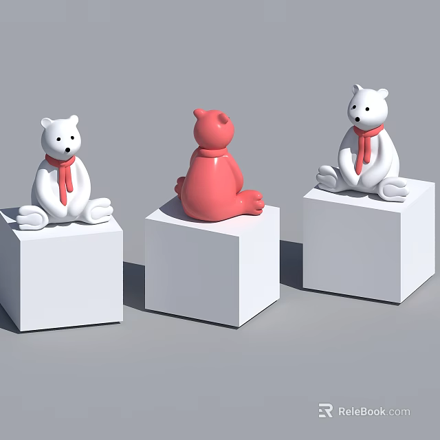 Three Teddy Bears Sitting on White Cube Pedestals Red and White Decor 3d model 