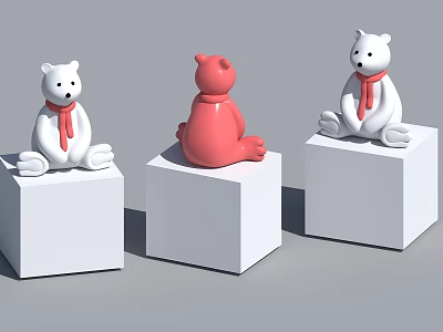 Three Teddy Bears Sitting on White Cube Pedestals Red and White Decor 3d model