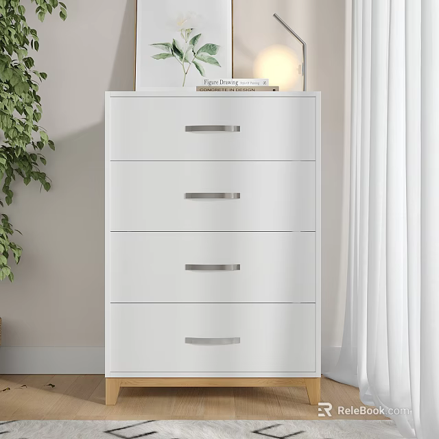 White Modern Chest of Drawers with Silver Handles and Green Plant Lamp on Top 3d model 