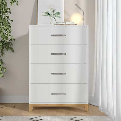White Modern Chest of Drawers with Silver Handles and Green Plant Lamp on Top 3d model