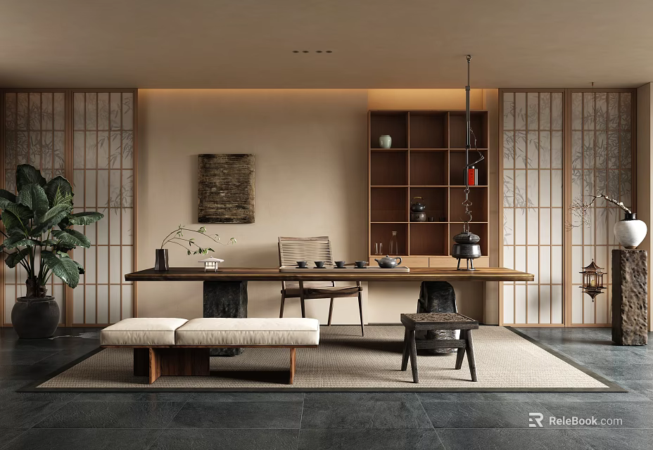 Japanese Style Study Room Interior With Wooden Shelf Long Table Potted Plant And Decorative Painting 3d model 