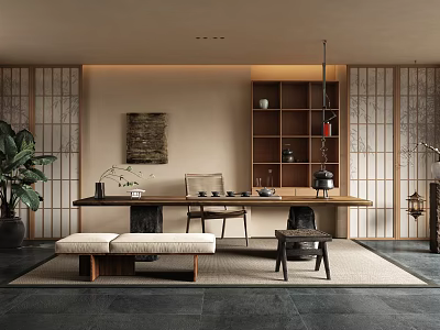 Japanese Style Study Room Interior With Wooden Shelf Long Table Potted Plant And Decorative Painting 3d model