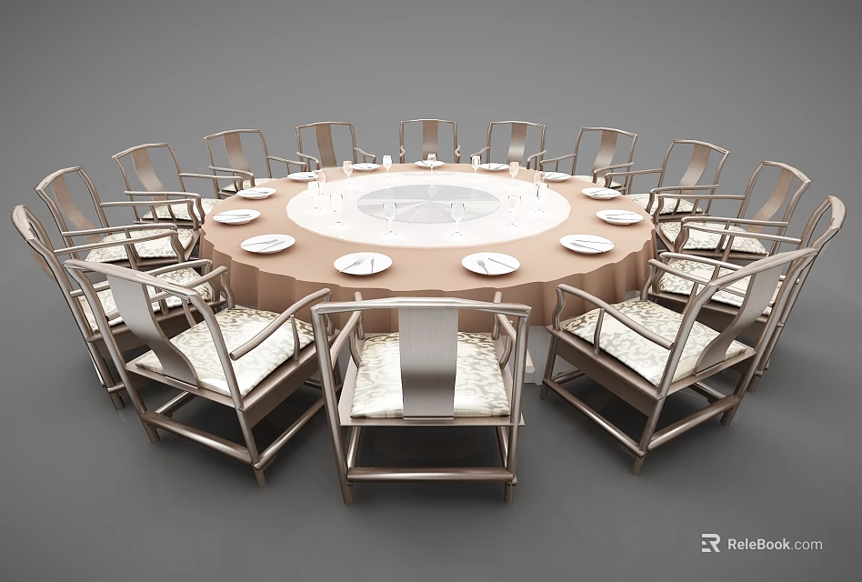 Round Dining Table Set With Metal Frame Chairs Upholstered Seats Beige Tablecloth And White Plates 3d model 