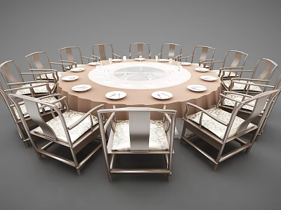 Round Dining Table Set With Metal Frame Chairs Upholstered Seats Beige Tablecloth And White Plates 3d model