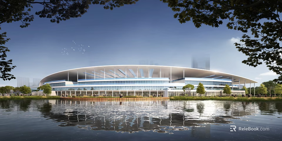 Contemporary Building With Curved White Roof Glass Curtain Walls And Water Reflection 3d model 