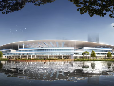 Contemporary Building With Curved White Roof Glass Curtain Walls And Water Reflection 3d model