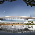 Contemporary Building With Curved White Roof Glass Curtain Walls And Water Reflection