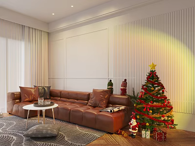 Modern Cozy Bright Living Room With Brown Leather Sectional Sofa And Festive Christmas Decorations 3d model