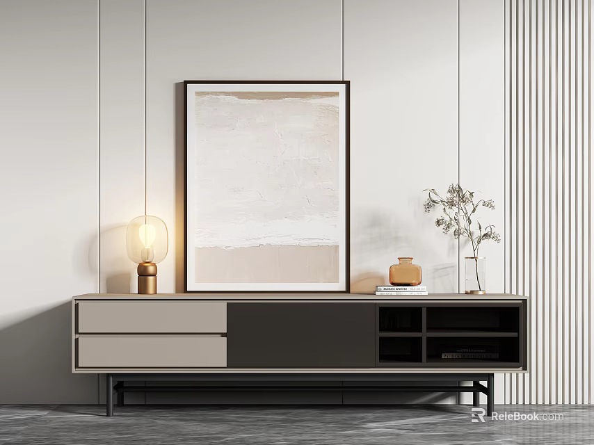Modern Minimalist TV Stand with Drawers Open Shelves Wall Painting Table Lamp and Dried Plants 3d model 