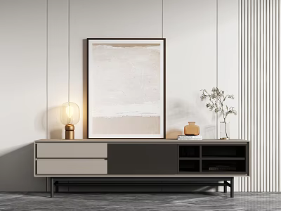 Modern Minimalist TV Stand with Drawers Open Shelves Wall Painting Table Lamp and Dried Plants 3d model