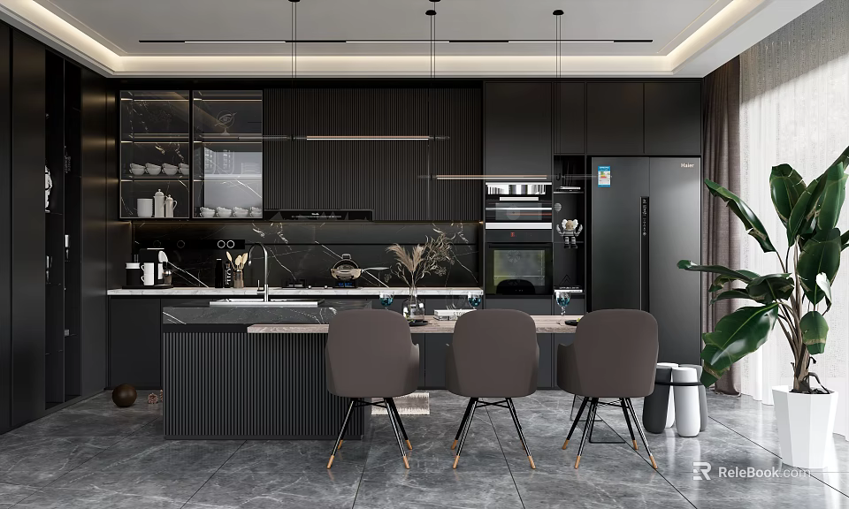 Modern Dark Kitchen Interior With Black Cabinets Island Counter Pendant Lights And Appliances 3d model 