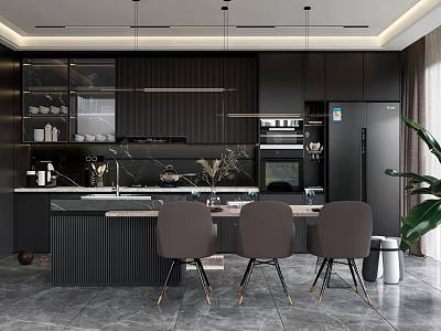 Modern Dark Kitchen Interior With Black Cabinets Island Counter Pendant Lights And Appliances 3d model