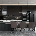 Modern Dark Kitchen Interior With Black Cabinets Island Counter Pendant Lights And Appliances