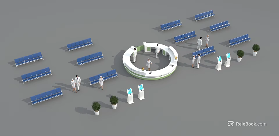 Modern Service Hall With Circular Counter Blue Benches And Self Service Kiosks 3d model 