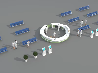 Modern Service Hall With Circular Counter Blue Benches And Self Service Kiosks 3d model
