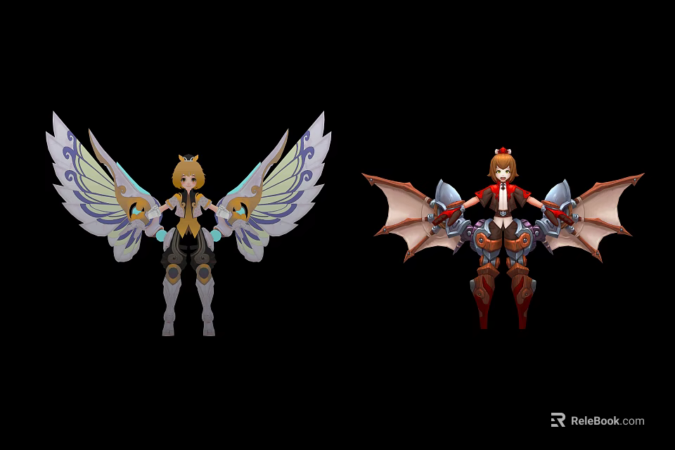 Two Fantasy Characters With White Blue And Red Black Wings In Battle Attire 3d model 