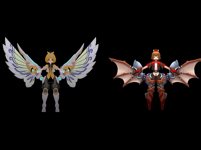 Two Fantasy Characters With White Blue And Red Black Wings In Battle Attire 3d model
