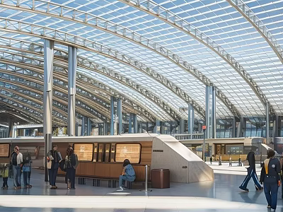 Modern Train Station Architecture With Glass Roof Metal Columns And Wooden Waiting Areas 3d model