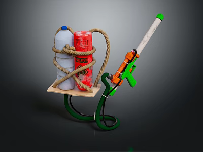 Homemade Toy Weapon With Bottles Rope Wooden Platform Green Stand And Orange Parts 3d model
