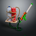 Homemade Toy Weapon With Bottles Rope Wooden Platform Green Stand And Orange Parts