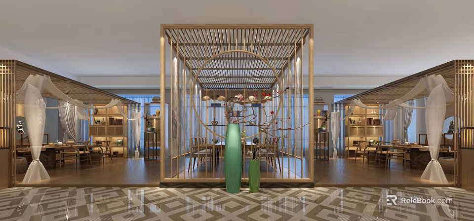 Traditional Chinese Teahouse Interior With Golden Wooden Lattice Circular Arch Green Vases Tables And Chairs 3d model 