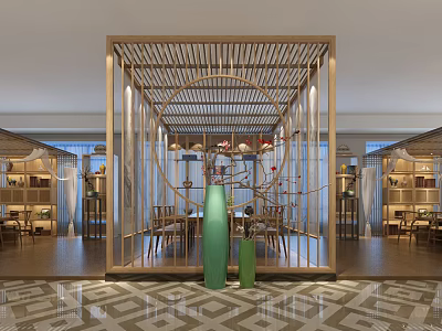 Traditional Chinese Teahouse Interior With Golden Wooden Lattice Circular Arch Green Vases Tables And Chairs 3d model