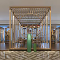 Traditional Chinese Teahouse Interior With Golden Wooden Lattice Circular Arch Green Vases Tables And Chairs