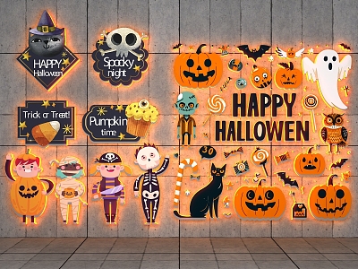 Cartoon Halloween American Pumpkin Kid Cat Bat Troublemaker Lighting Wall Decoration 3d model