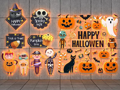 Halloween Decorations With Pumpkin Ghost Black Cat Skeleton And Trick Or Treat Elements 3d model