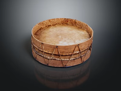 Traditional Wooden Round Musical Drum With Rope Bindings On Dark Reflective Surface 3d model