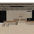 Modern Reception Desk With Wooden Wall Grid Design And Comfortable Waiting Seats