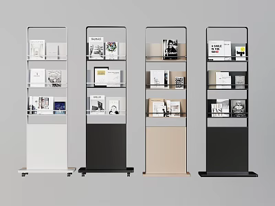 Modern Multi Tiered Bookcases In Four Different Colors With Wheels Holding Books And Magazines 3d model