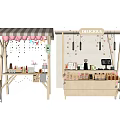 Wooden Food Stalls With Striped Awning Delicious Sign Cakes Beverages And Coffee Machine