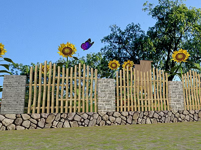Wooden Fence with Sunflowers and Butterfly Near Stone Base and Trees 3d model