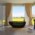 Stylish Black Bathtub On Woven Rug In Modern Bathroom