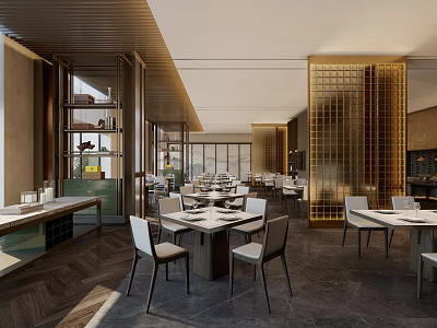 Modern Restaurant Interior Design With Lattice Screens Wooden Decor And Tables 3d model
