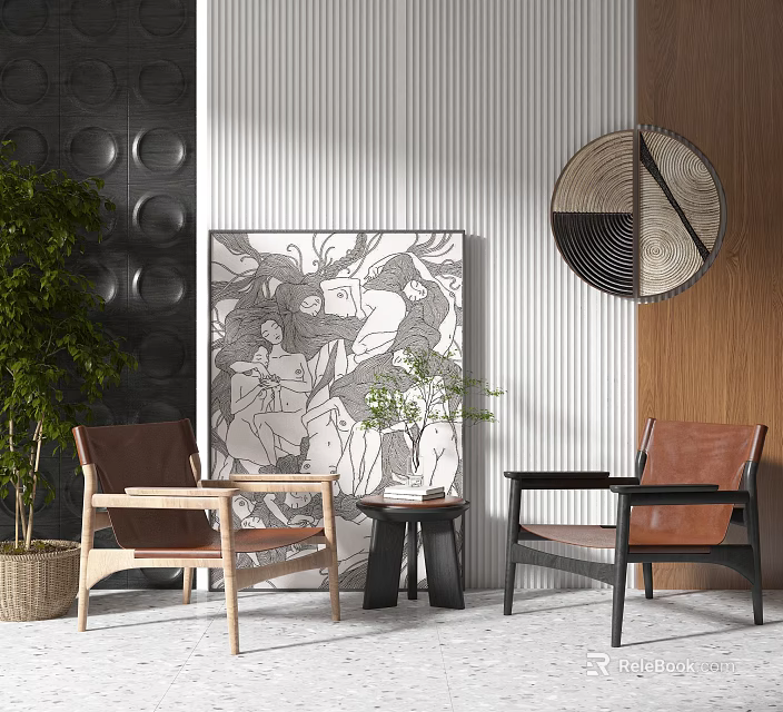 Leisure Sofa Set With Brown Leather Chairs Wooden Frame Small Coffee Table And Decorative Wall Art 3d model 