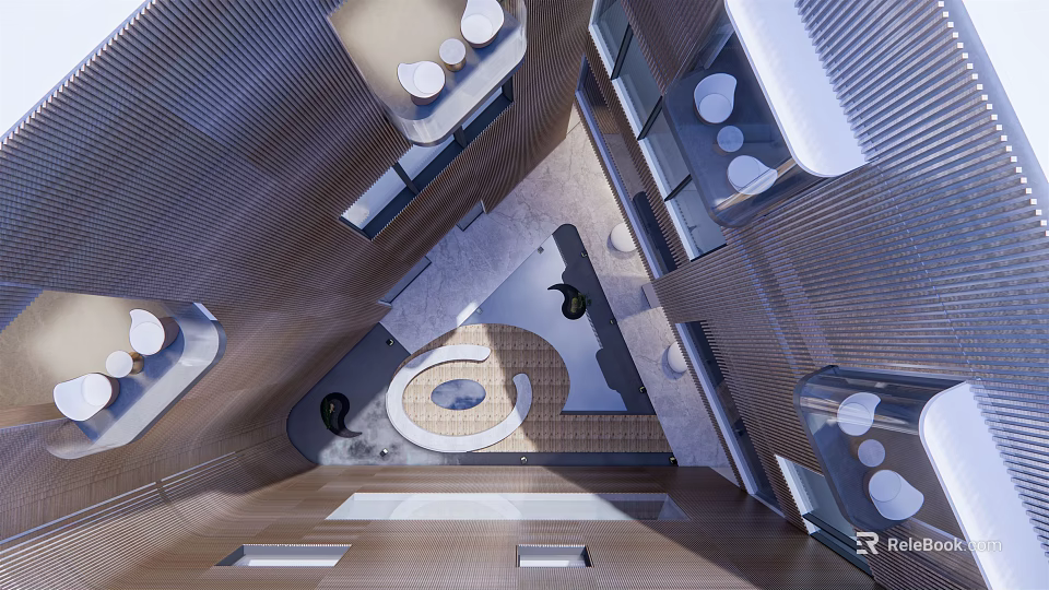 Modern Architectural Interior With Geometric Design Circular Floor And Wooden Structures 3d model 