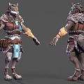 3D Wolf Creature Character With Two Views Brown Leather Armor Blue Accents Tail And Claws