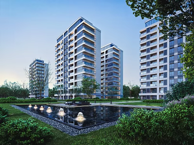Modern Multiple High Rise Residential Buildings With Water Pool Green Plants And Lawn 3d model