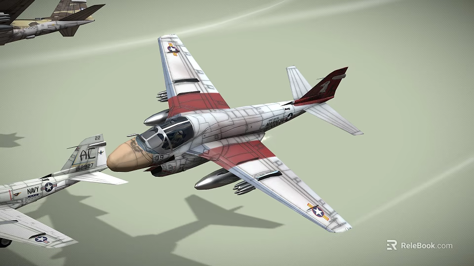 Red and White Military Fighter Jet Flying with Insignia and Other Aircraft 3d model 