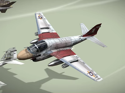 Red and White Military Fighter Jet Flying with Insignia and Other Aircraft 3d model