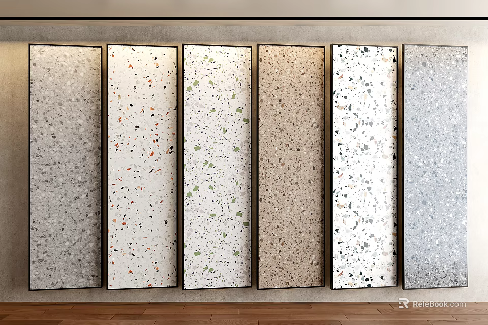 Multi Colored Terrazzo Slabs Samples Displayed Side By Side On Wooden Floor With Gray Wall 3d model 