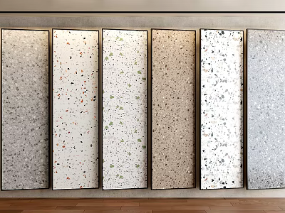 Multi Colored Terrazzo Slabs Samples Displayed Side By Side On Wooden Floor With Gray Wall 3d model