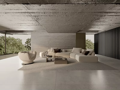 Modern Living Room Interior With Concrete Ceiling Sofa Armchair And Floor to Ceiling Windows 3d model