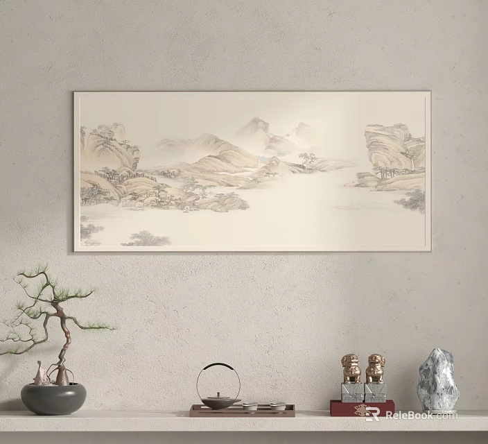 Traditional Chinese Landscape Painting As Interior Wall Art With Bonsai And Ornaments 3d model 