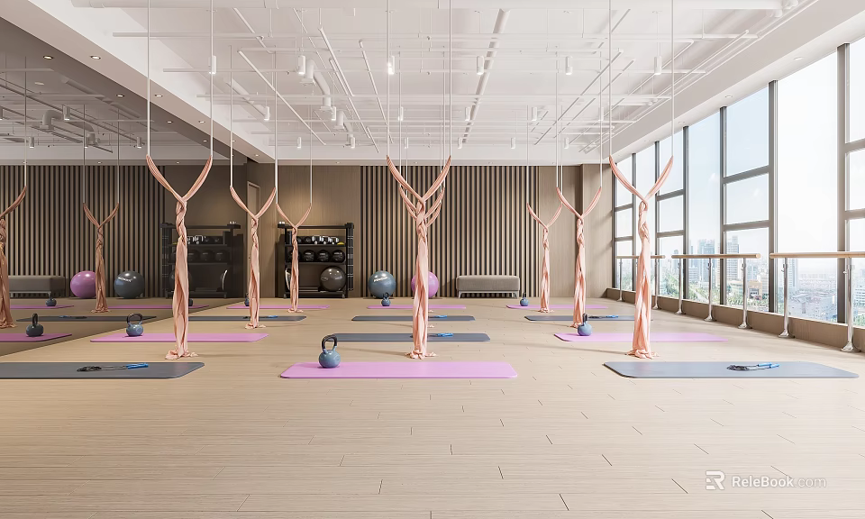 Modern Yoga Fitness Studio With Aerial Hammocks Yoga Mats Kettlebells And Large Windows 3d model 