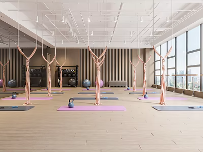 Modern Yoga Fitness Studio With Aerial Hammocks Yoga Mats Kettlebells And Large Windows 3d model